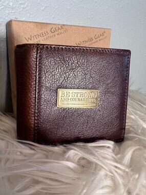 Leather Christian Wallet Billfold Mens Brown Be Strong Courageous Gift Religious